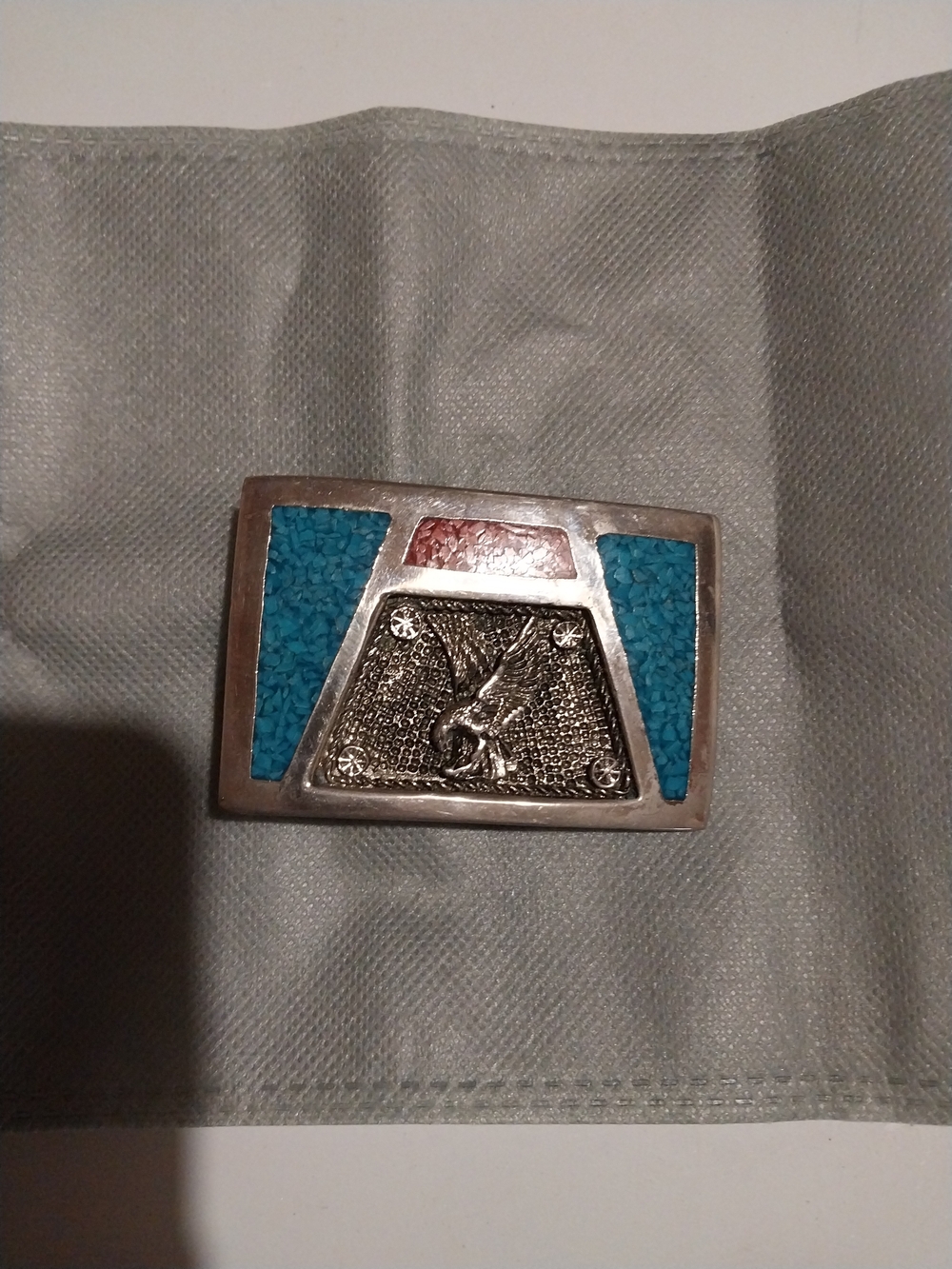 Turquoise and Red Accent Silver-Tone Eagle Belt Buckle